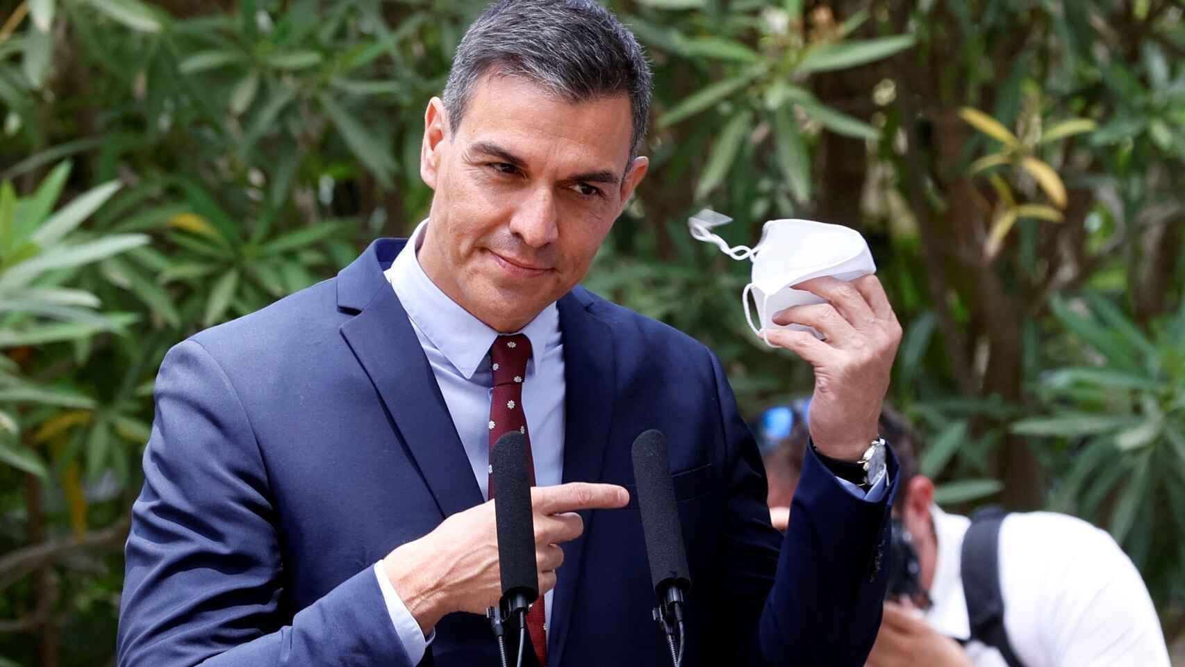 Pedro Sánchez, durante la rueda de prensa de este martes en el Palacio de Marivent.