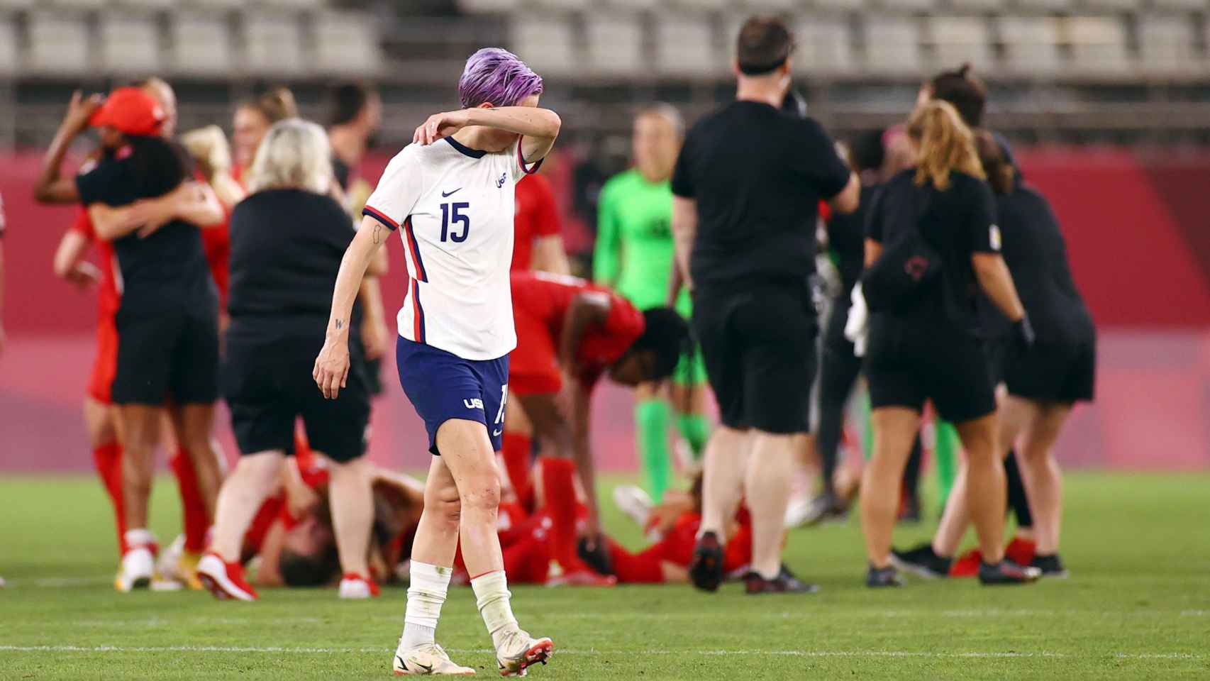 Reacción de Megan Rapinoe tras la victoria de Canadá ante Estados Unidos en Tokio 2020