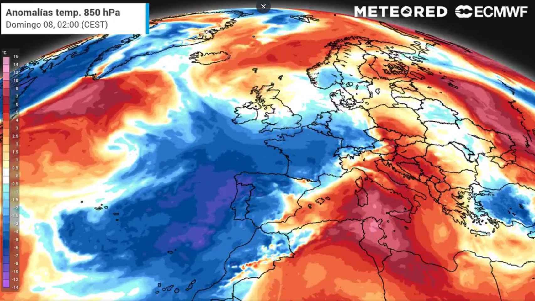 La extensión del aire frío sobre España el domingo 8 de agosto. METEORED.