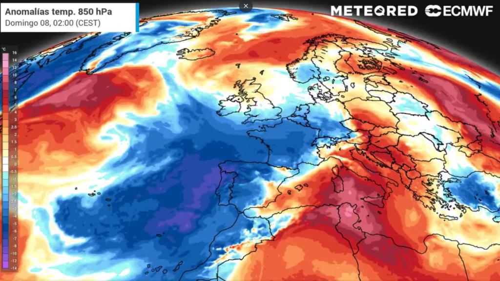 La extensión del aire frío sobre España el domingo 8 de agosto. METEORED.