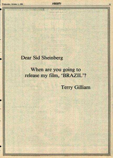 Esquela publicada en la revista Variety por Terry Gilliam en la que, de forma irónica, preguntaba sobre el estreno de su película Brazil