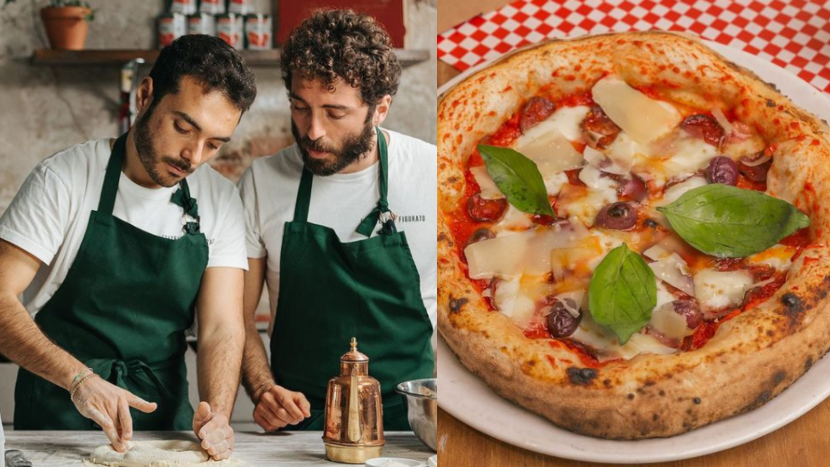 A la izquierda, Riccardo (i) y Vittorio Figurato (d) preparan una masa y, a la derecha, su pizza Diavola de León, la mejor de Europa en 2021.