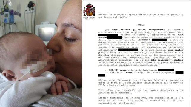 Lorena, la madre, junto a su hijo, y el fallo de la Justicia con la indemnización.