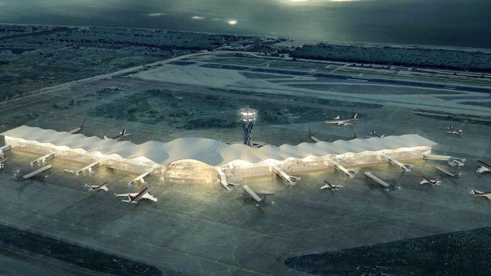 Recreación de la nueva terminal auxiliar del aeropuerto de El Prat.