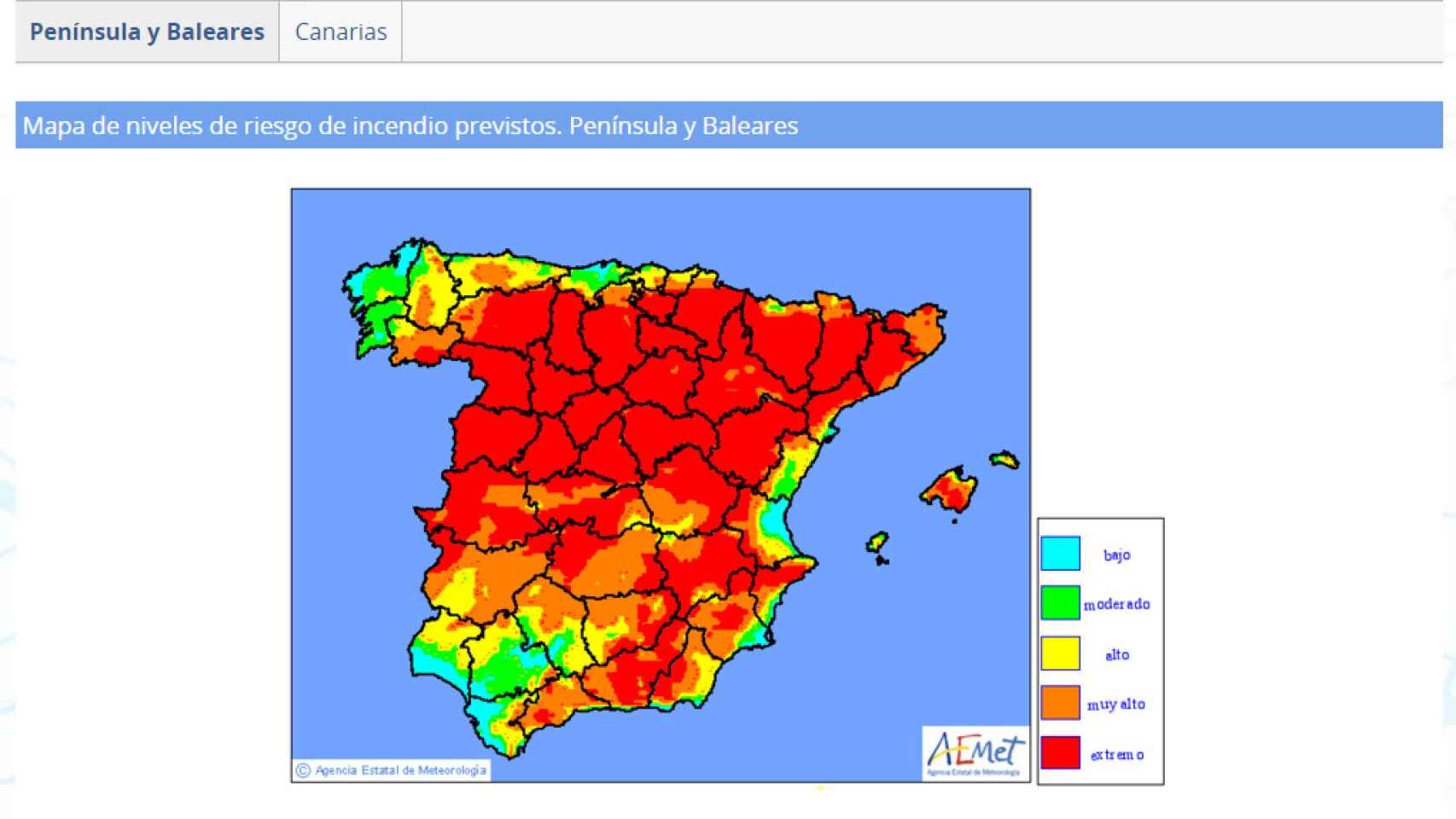 Mapa de riesgo de incendios forestales elaborado para esta semana por la Agencia Española de Meteorología (Aemet).