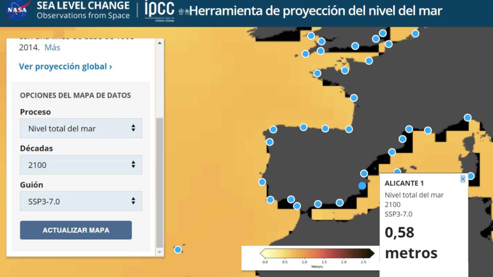 Aumento del nivel del mar en Alicante según la web de la NASA.