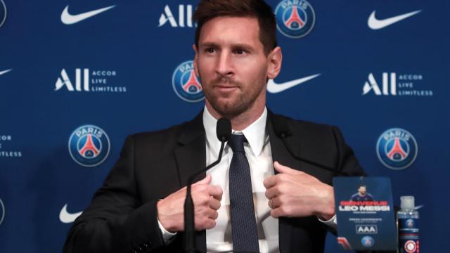 Leo Messi, durante su presentación con el PSG