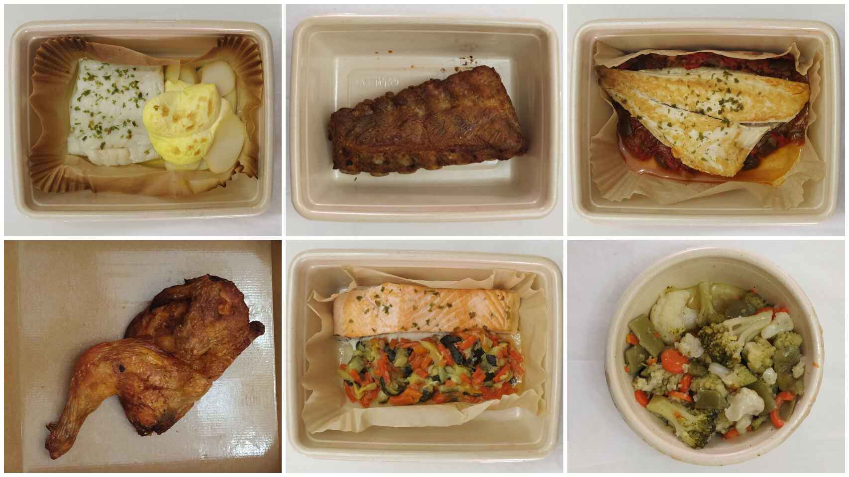 De izquierda a derecha y de arriba a abajo: bacalao, costillas, dorada, pollo Frango, salmón y menestra, hechos en Mercadona. E.E.