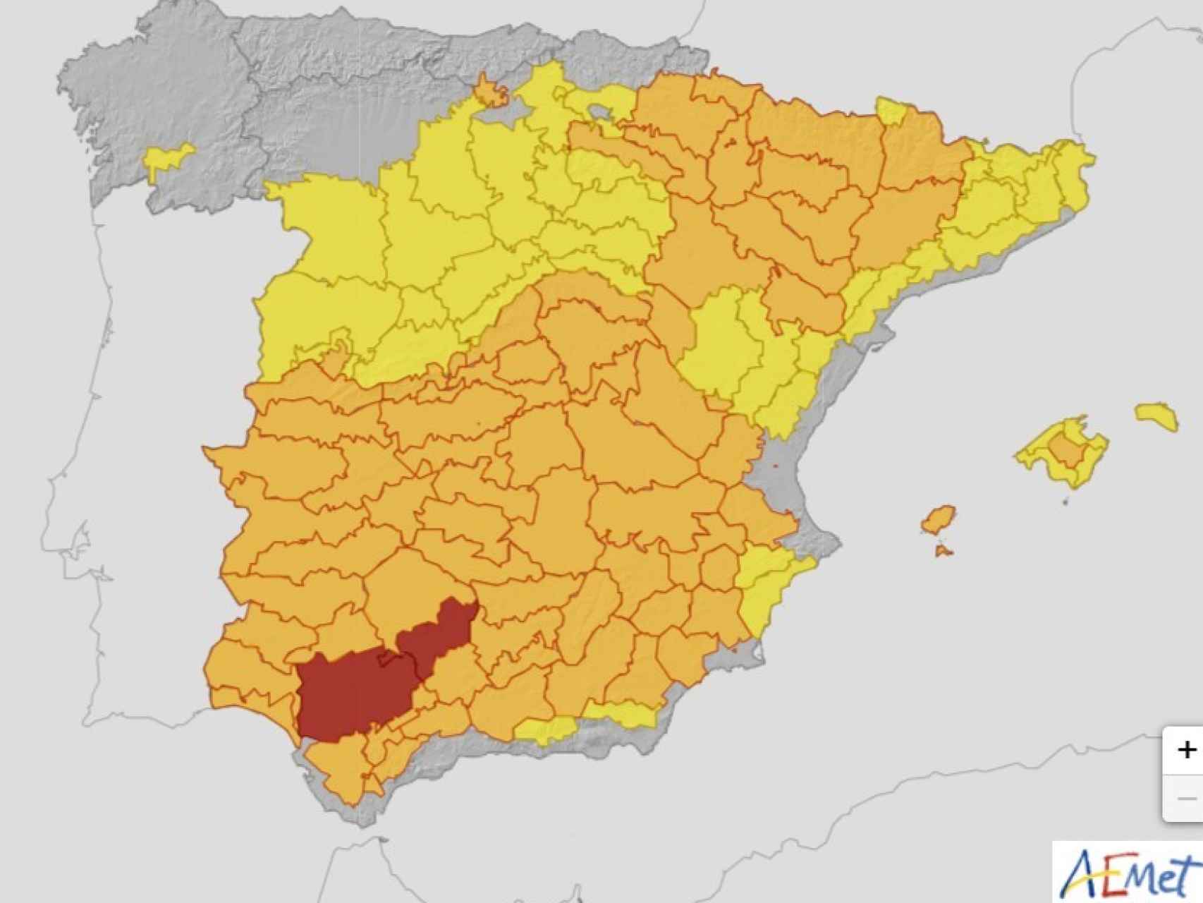 Mapa de las alertas por calor en España para este sábado.