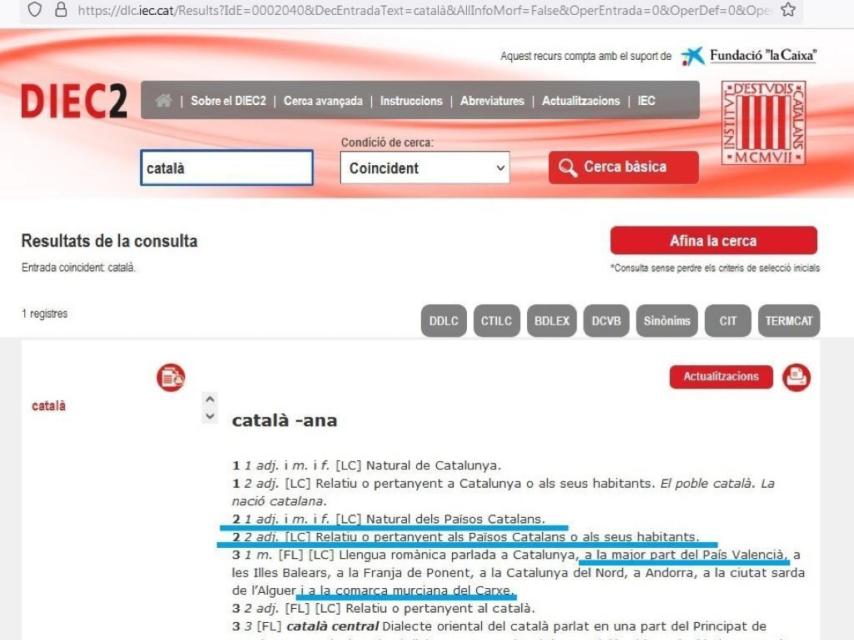 El término catalán en el diccionario del Institut d'Estudis Catalans (IEC).
