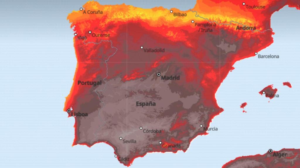 El mapa de calor de temperaturas máximas con la previsión para el domingo a las 15.00 horas.