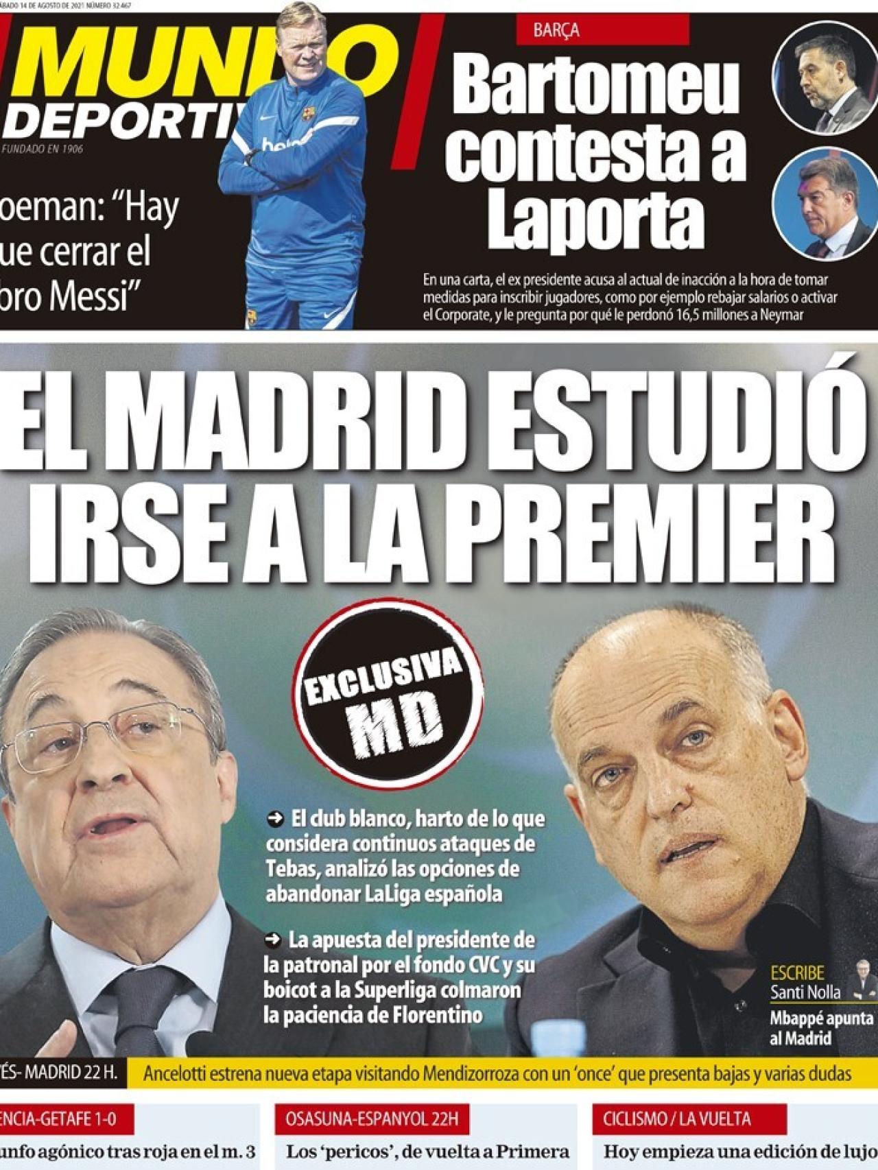 La portada del diario Mundo Deportivo (14/08/2021)