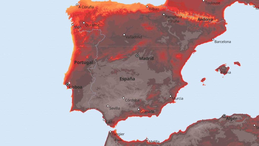 Los colores grises representan temperaturas superiores a los 40 ºC durante el sábado.