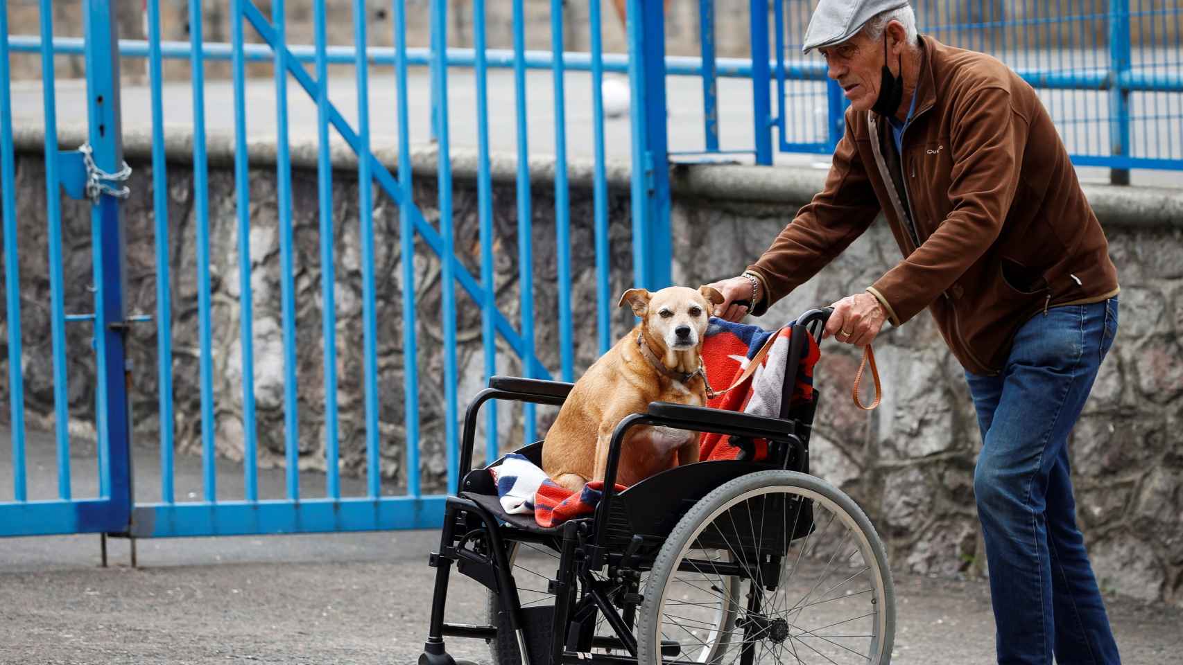Un hombre pasea a su perro este miércoles junto a una residencia de ancianos de San Sebastián.