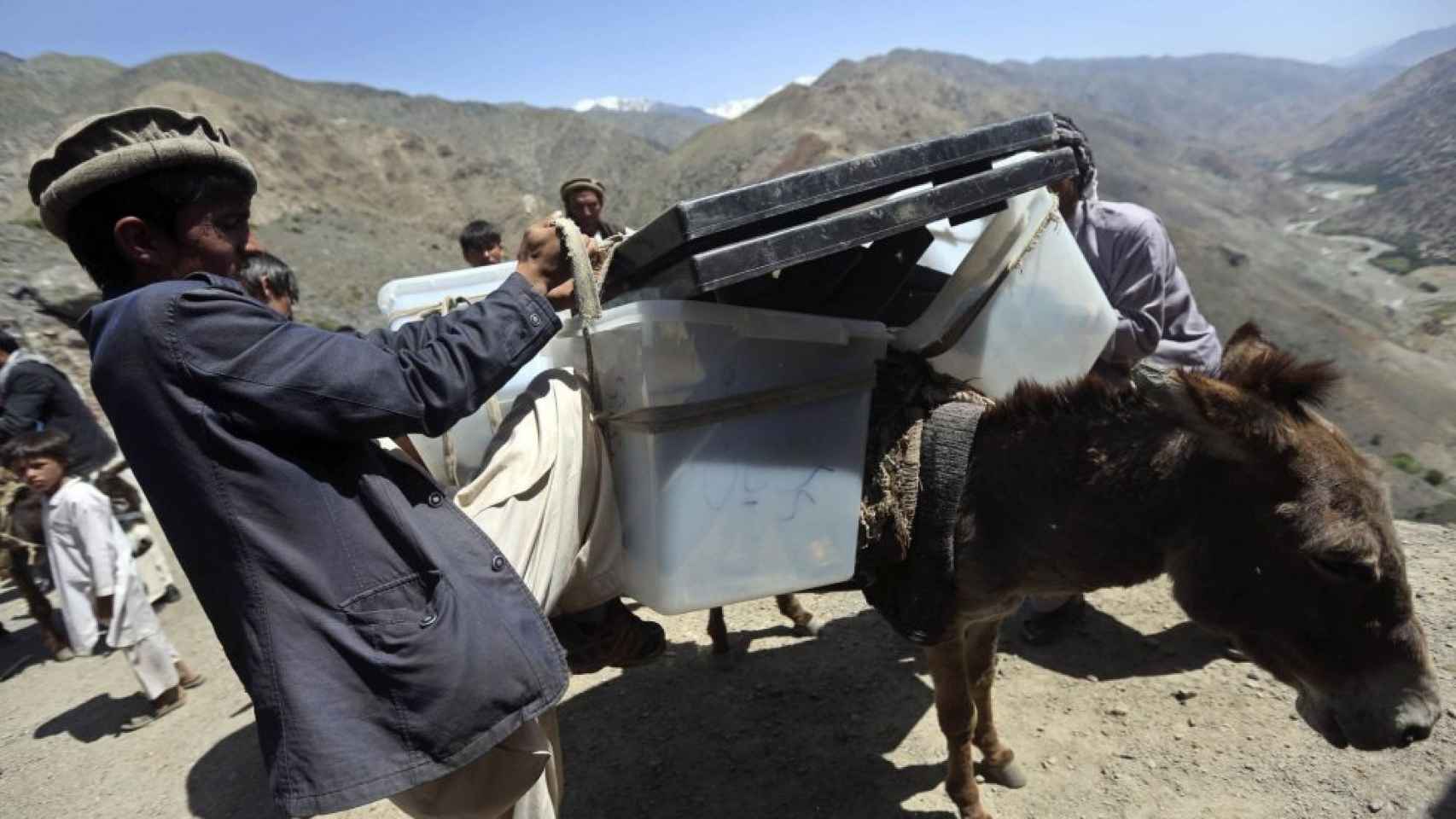 Un burro cargado con urnas para las elecciones de 2014.