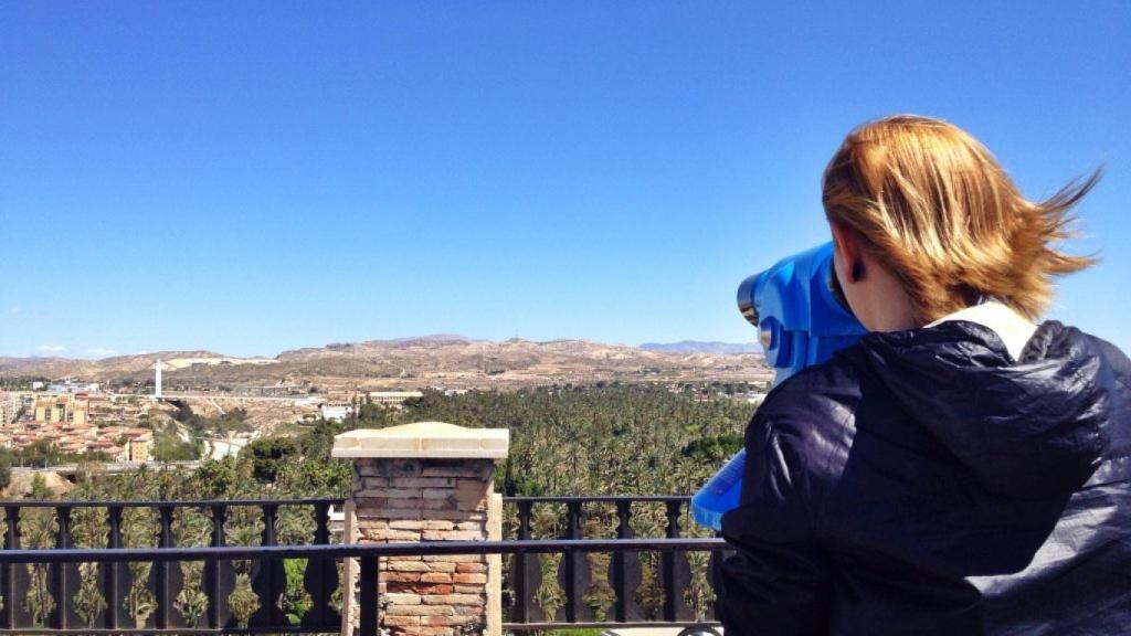 Una turista divisa el Palmeral desde lo alto de la basílica de Santa María.