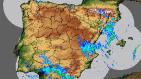 Un mapa de España con tormentas.