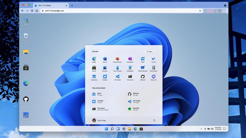 Windows 11 in React ejecutándose en Chrome