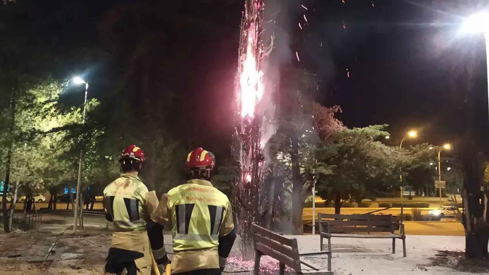 Los bomberos de Toledo apagan el incendio de un ciprés en el barrio del Polígono