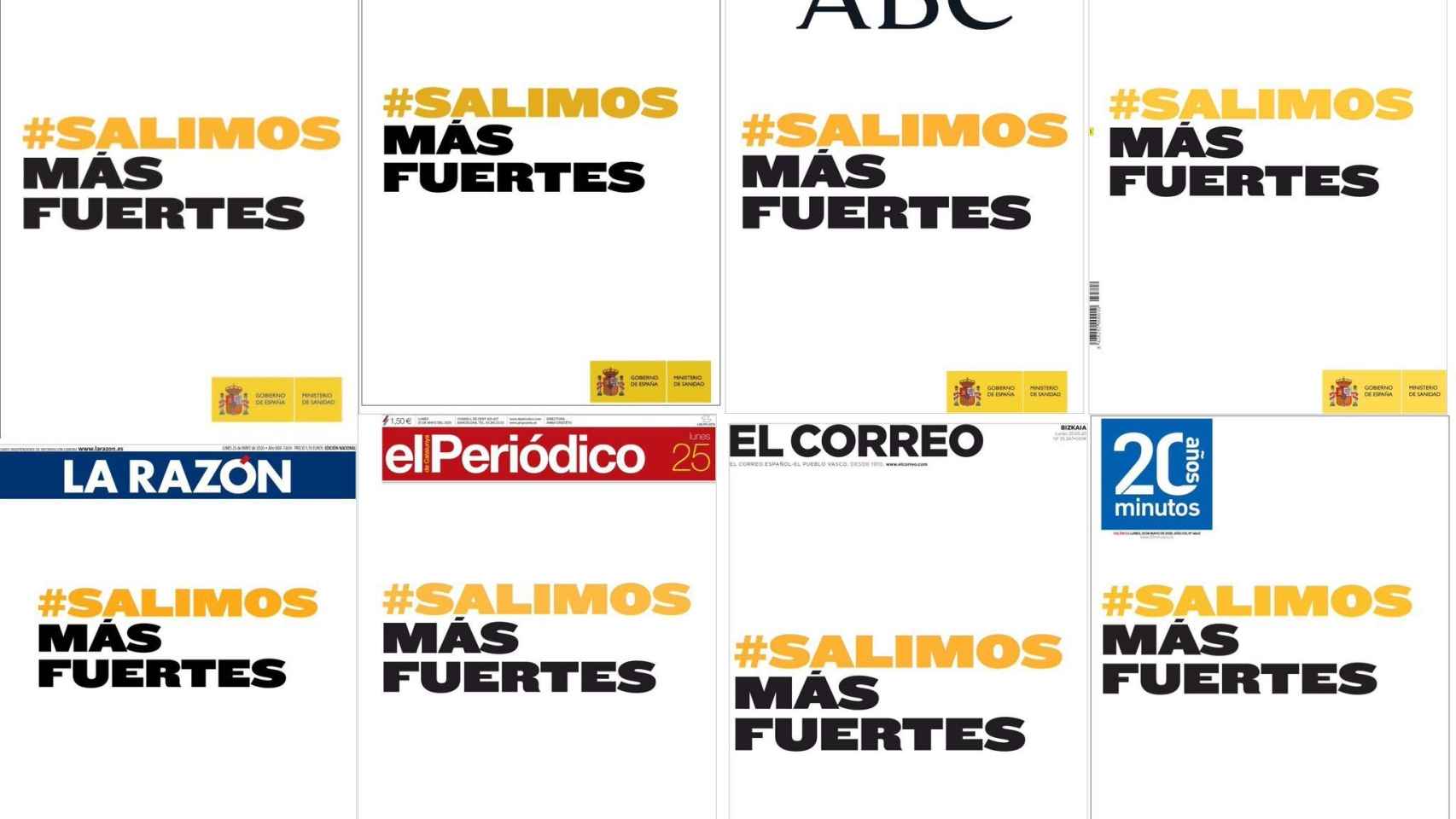 Portadas de los diarios españoles con la campaña de publicidad 'Salimos más fuertes'.