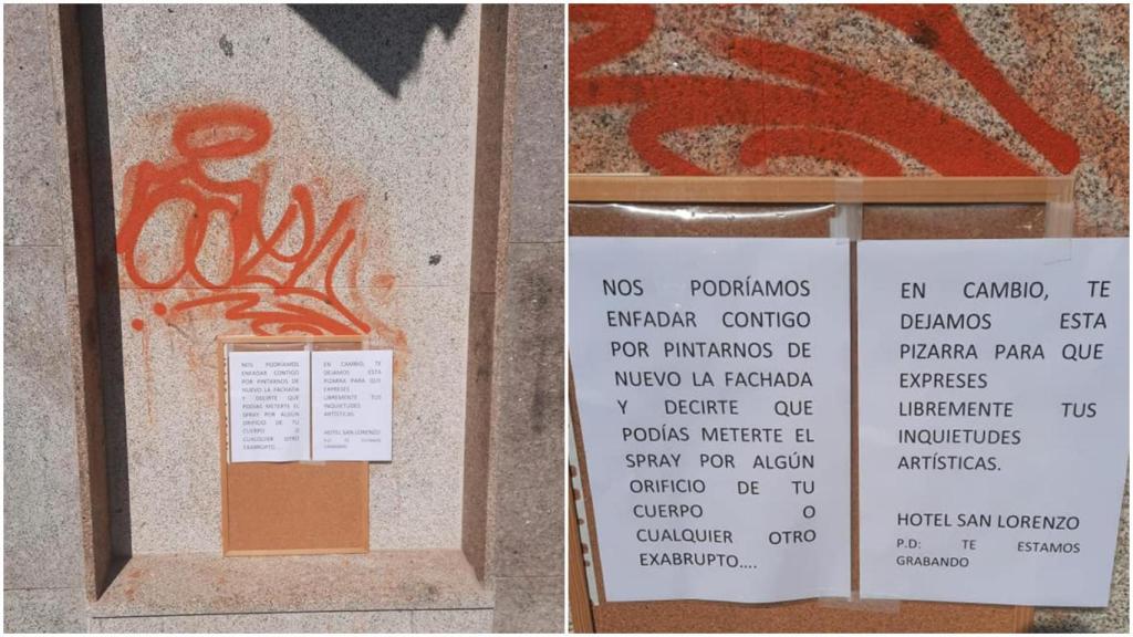 El grafiti en la fachada y el mensaje del Hotel San Lorenzo.