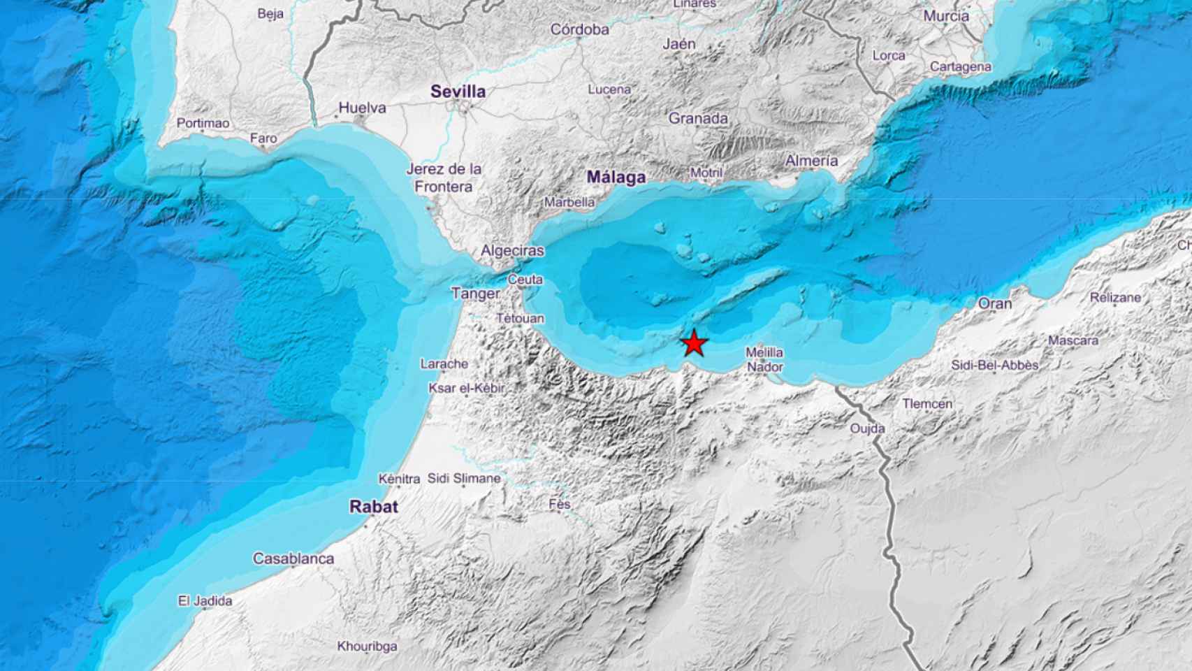 Mapa del epicentro del terremoto ocurrido en la zona sur de Alborán.