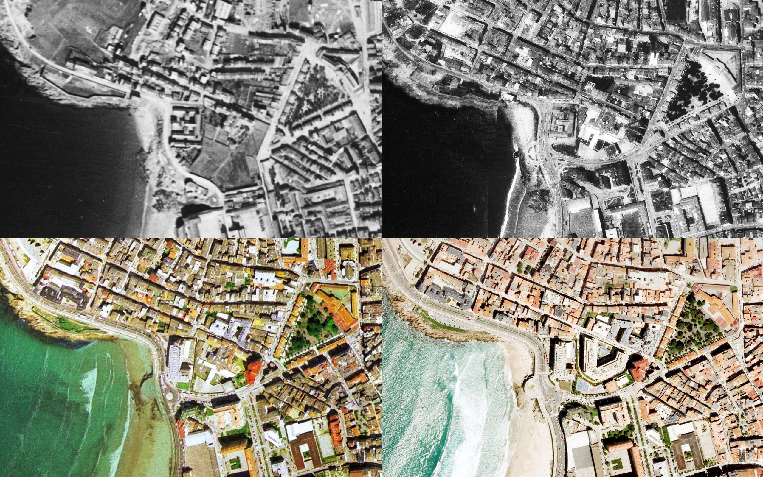 Fotografía aérea de la evolución del entorno de la calle Adelaida Muro durante los años 1946, 1973, 2000 y 2006