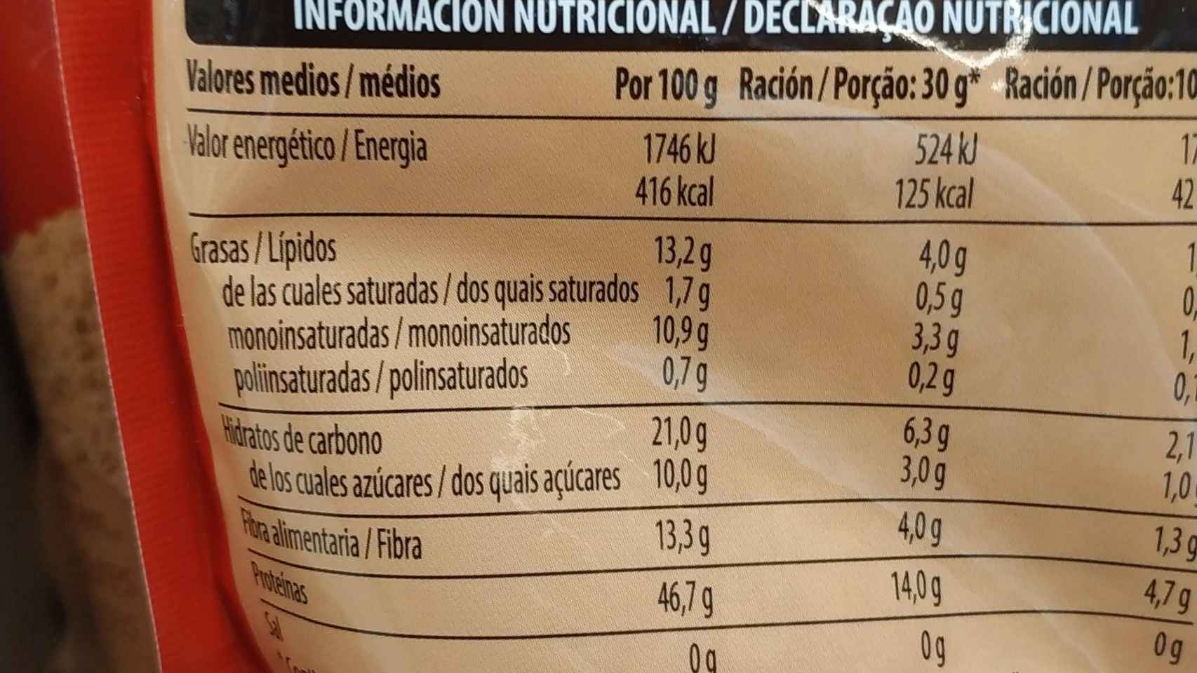Tabla de valores nutricionales del cacahuete en polvo desgrasado de Hacendado.