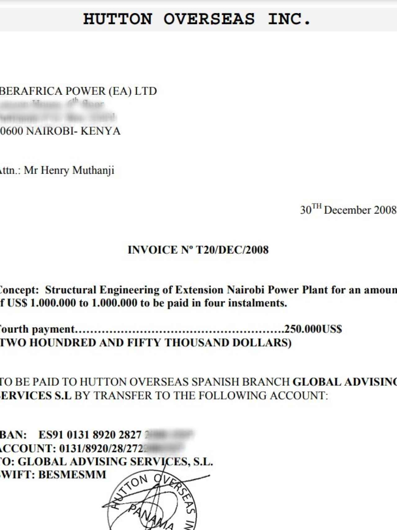 Una de las facturas abonadas por Iberafrica Power LTD a la sociedad panameña de José Herrero de Egaña, Hutton Overseas Inc.