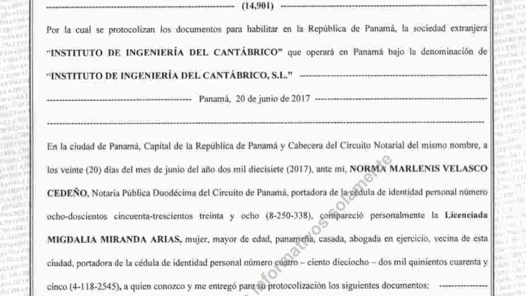 Inscripción de la filial de Instituto de Ingeniería del Cantábrico SL (Inican) en Panamá, en junio de 2017.