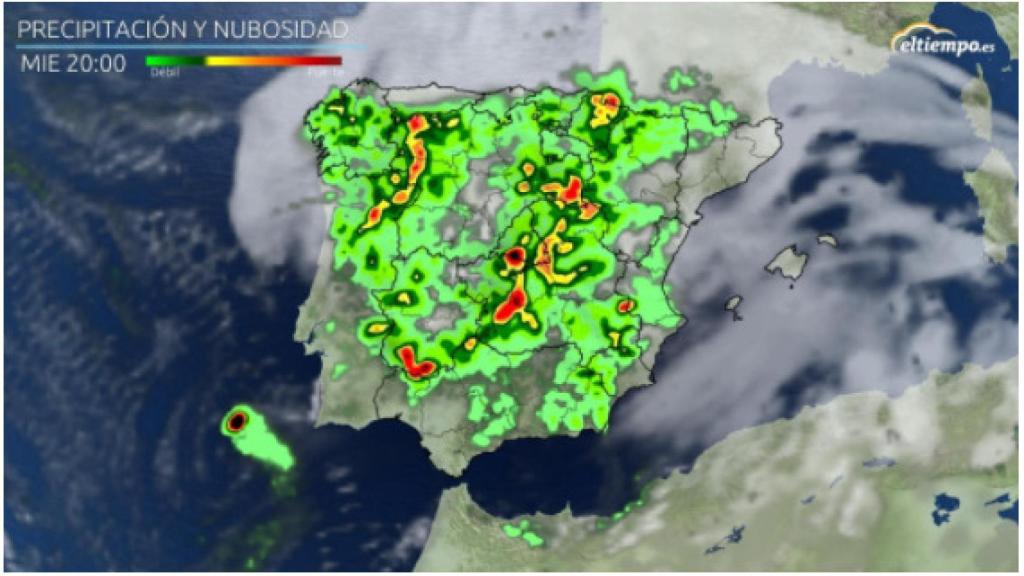 Intensidad de precipitación prevista el miércoles a las 20 horas. Eltiempo.es.