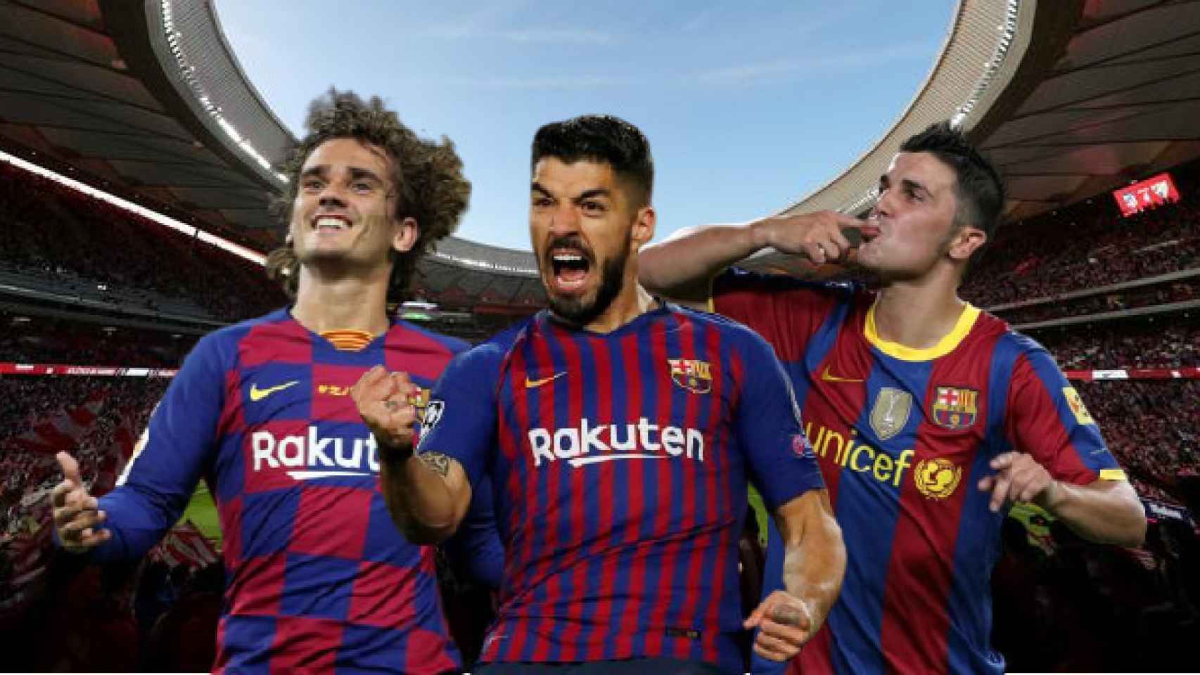 Griezmann, Luis Suárez y David Villa celebrando goles con el Barça en un fondo con el Wanda Metropolitano