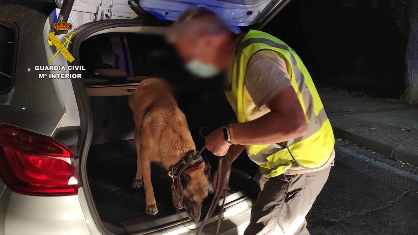 Efectivos de la Guardia Civil buscan droga en un vehículo ayudado por un perro