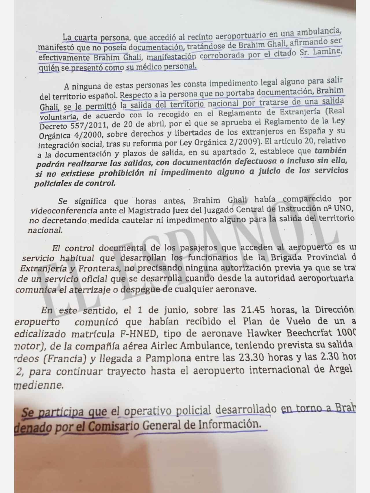 Fragmento del informe de la Jefatura Superior de Policía de Navarra.