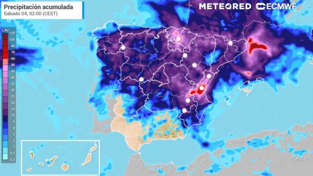 Precipitaciones acumuladas previstas hasta la madrugada del sábado. METEORED.