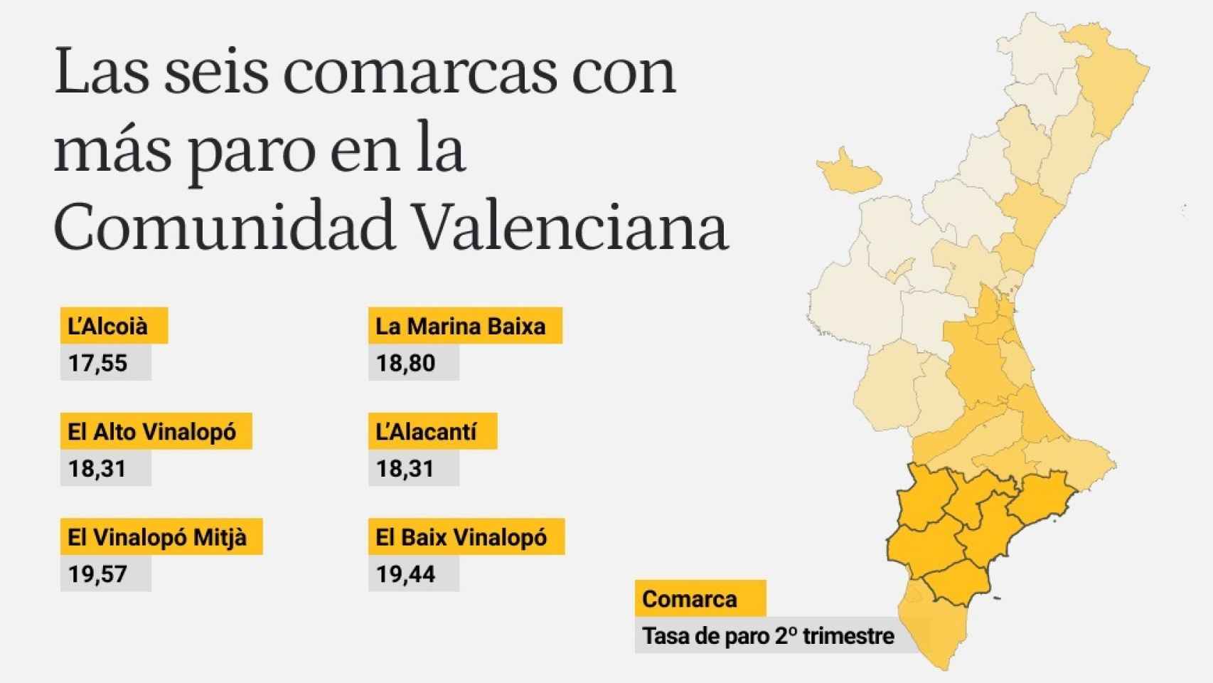 Mapa del paro en la Comunidad Valenciana: la provincia de Alicante concentra los peores datos
