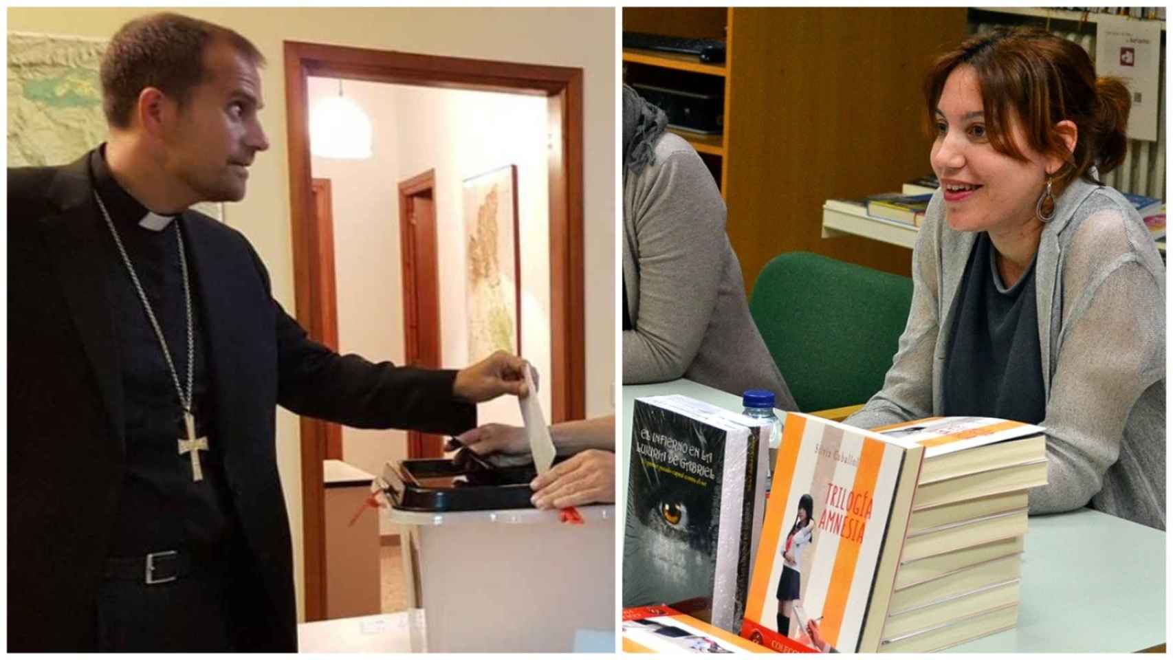 Xavier Novell votando en el referéndum ilegal y Silvia Caballol presentando sus libros.