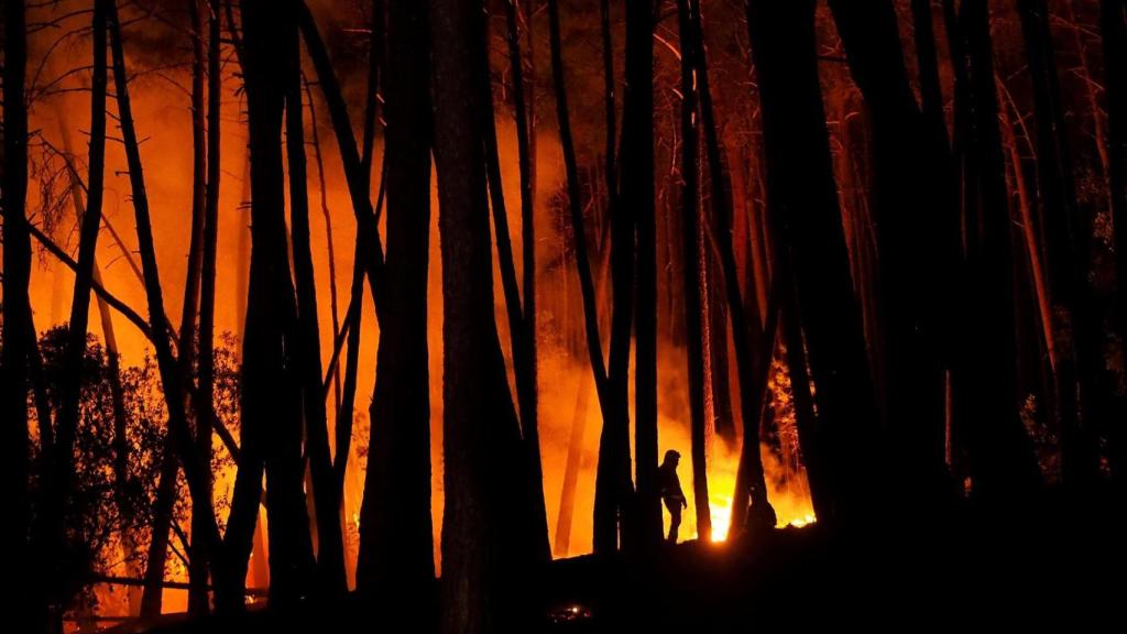Trabajos durante la noche para apagar el incendio forestal en el municipio lucense de Ribas de Sil.