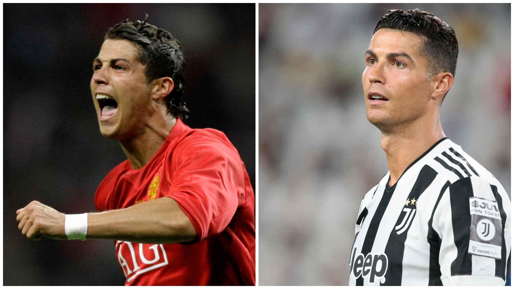 Cristiano Ronaldo, durante su anterior etapa en el Manchester (2003-2007), a la izquierda. A la derecha, durante este 2021.