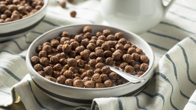 Un cuenco con cereales de chocolate.