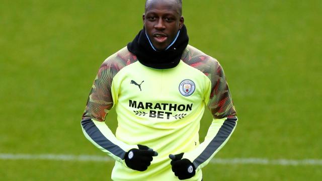 Benjamin Mendy durante un calentamiento del Manchester City