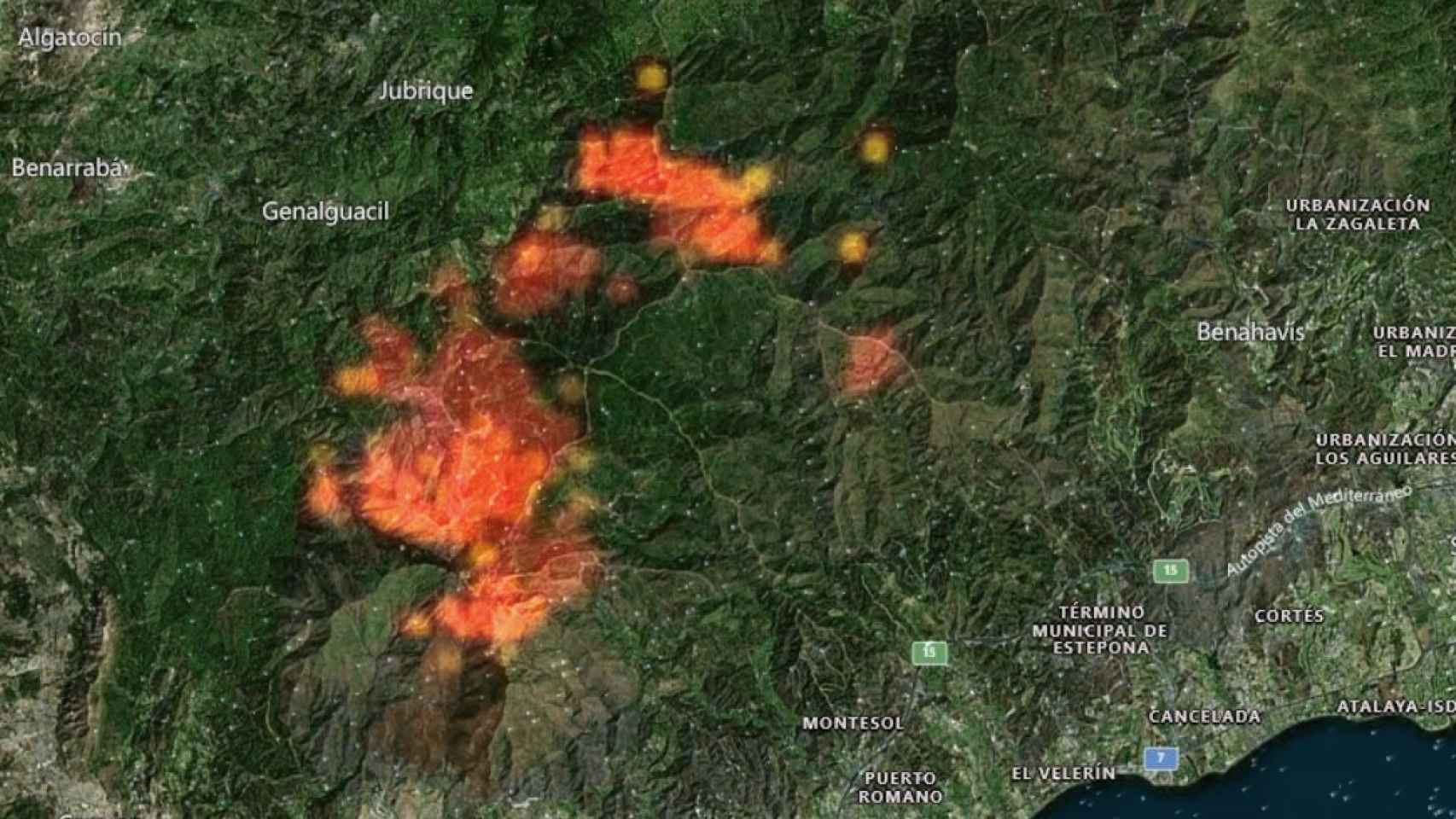 Vista satélite del incendio de Sierra Bermeja a primera hora de la mañana.