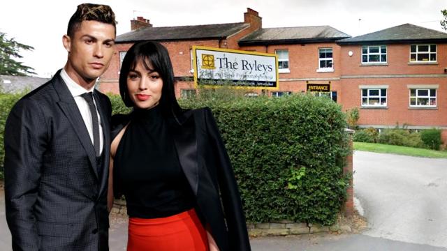 Cristiano Ronaldo y Georgina Rodríguez, en un montaje de Jaleos frente al nuevo colegio de sus hijos.