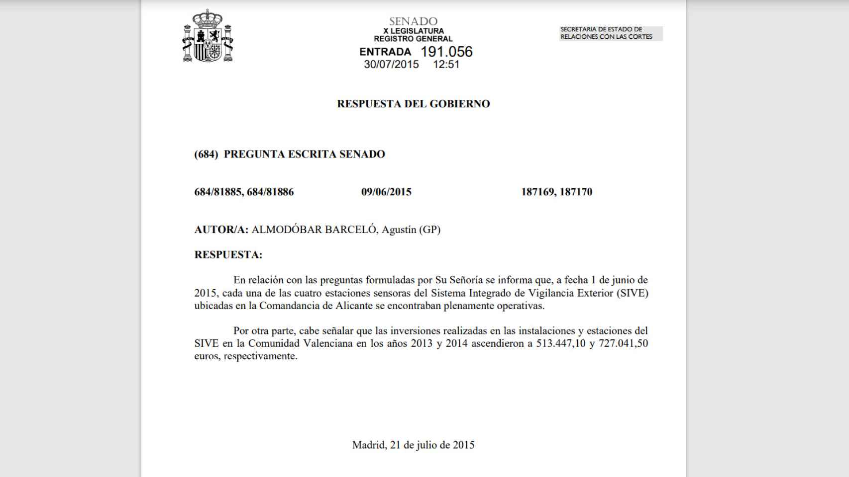 Respuesta del Gobierno en 2015 al senador Almodóvar.