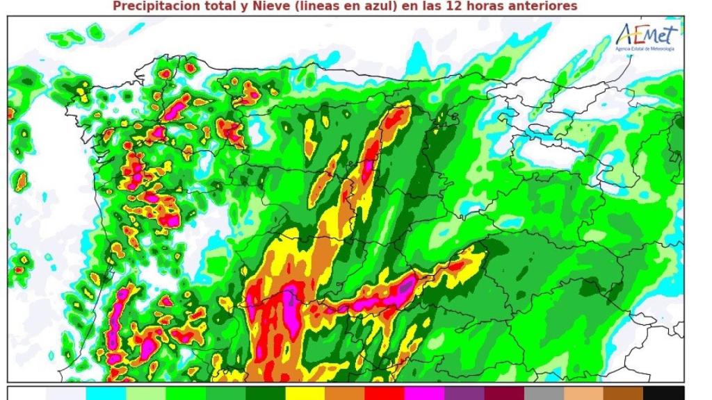 Mapa elaborado por la Aemet sobre la previsión de lluvias para la tarde-noche de este martes en CyL