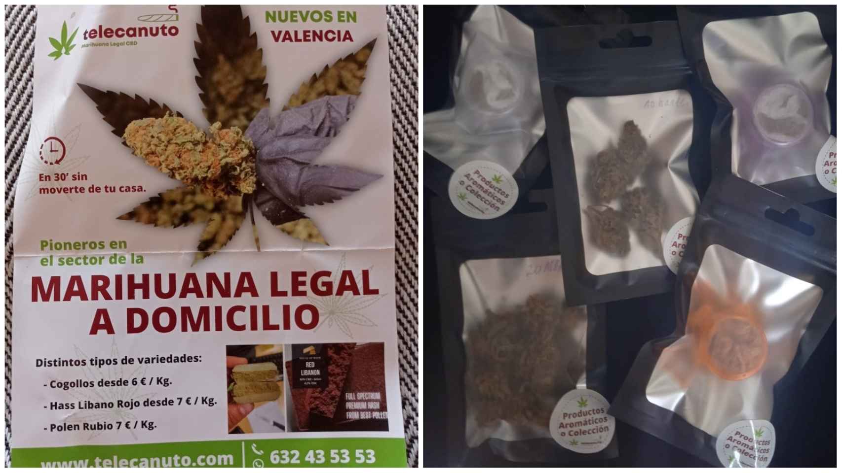 Publicidad y productos de Telecanuto, la empresa que envía en Valencia marihuana legal a domicilio. EE