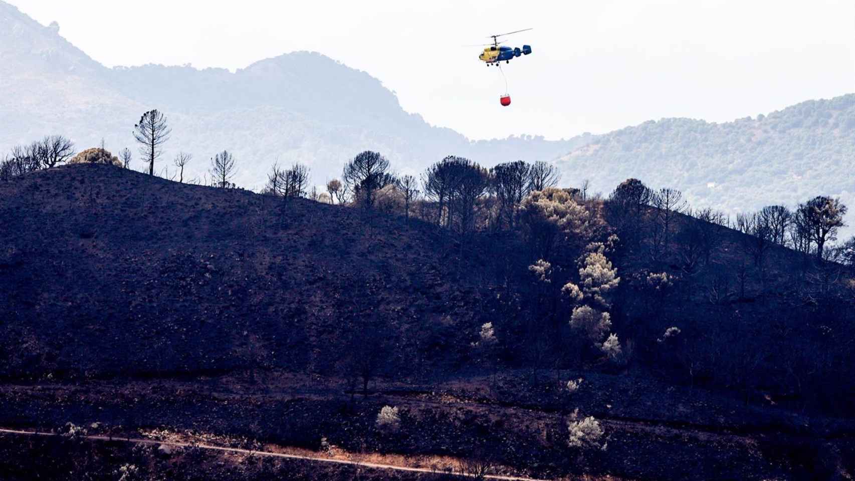 Helicóptero contra incendio en la zonas quemadas por el incendio de Sierra Bermeja.