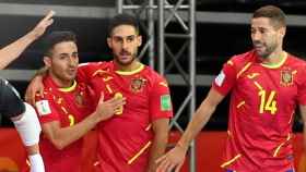 Los jugadores de España celebran un gol durante el Mundial de fútbol sala