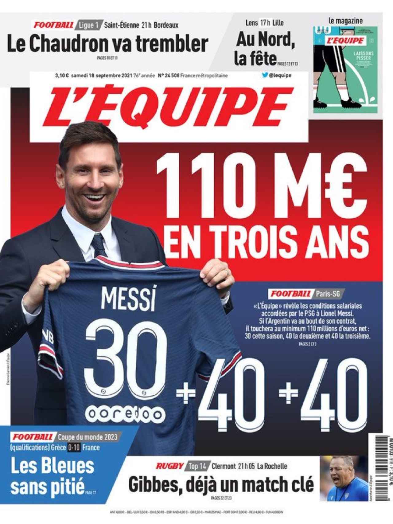La portada del diario L'Equipe (18/09/2021)