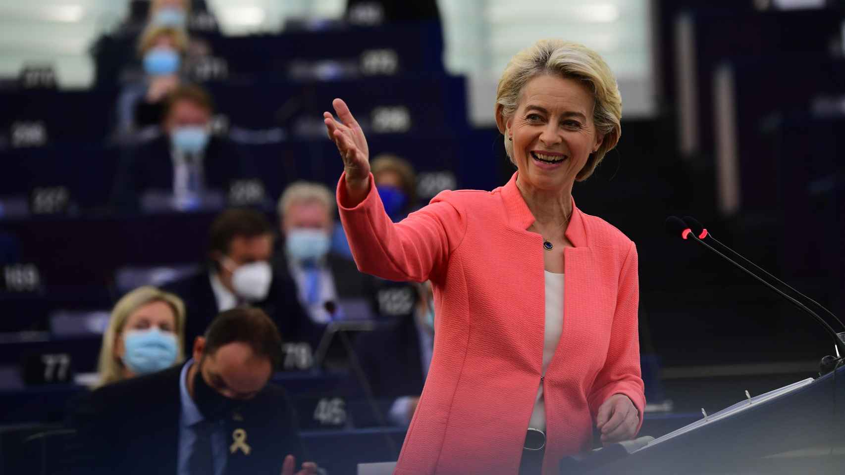 Ursula von der Leyen, presidenta de la Comisión Europea, durante el Debate sobre el Estado de la Unión celebrado en Estrasburgo. Unión Europea, 2021.